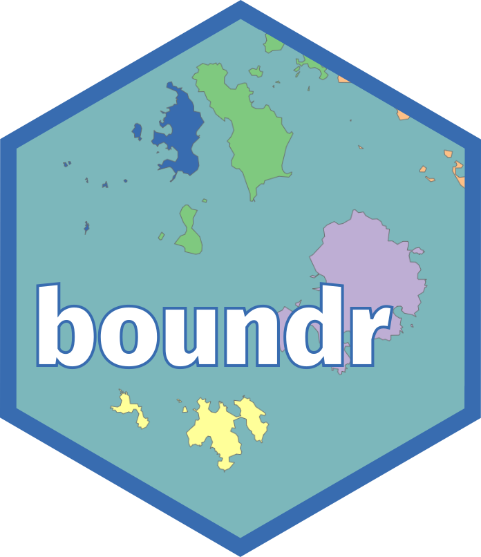 The boundr package hexagonal logo - the word boundr superimposed on a
      cropped map of the Isles of Scilly, with the island parishes differently
      coloured, on a sea blue background.