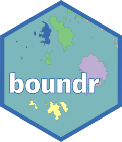 The boundr package hexagonal logo - the word boundr superimposed on a
      cropped map of the Isles of Scilly, with the island parishes differently
      coloured, on a sea blue background.